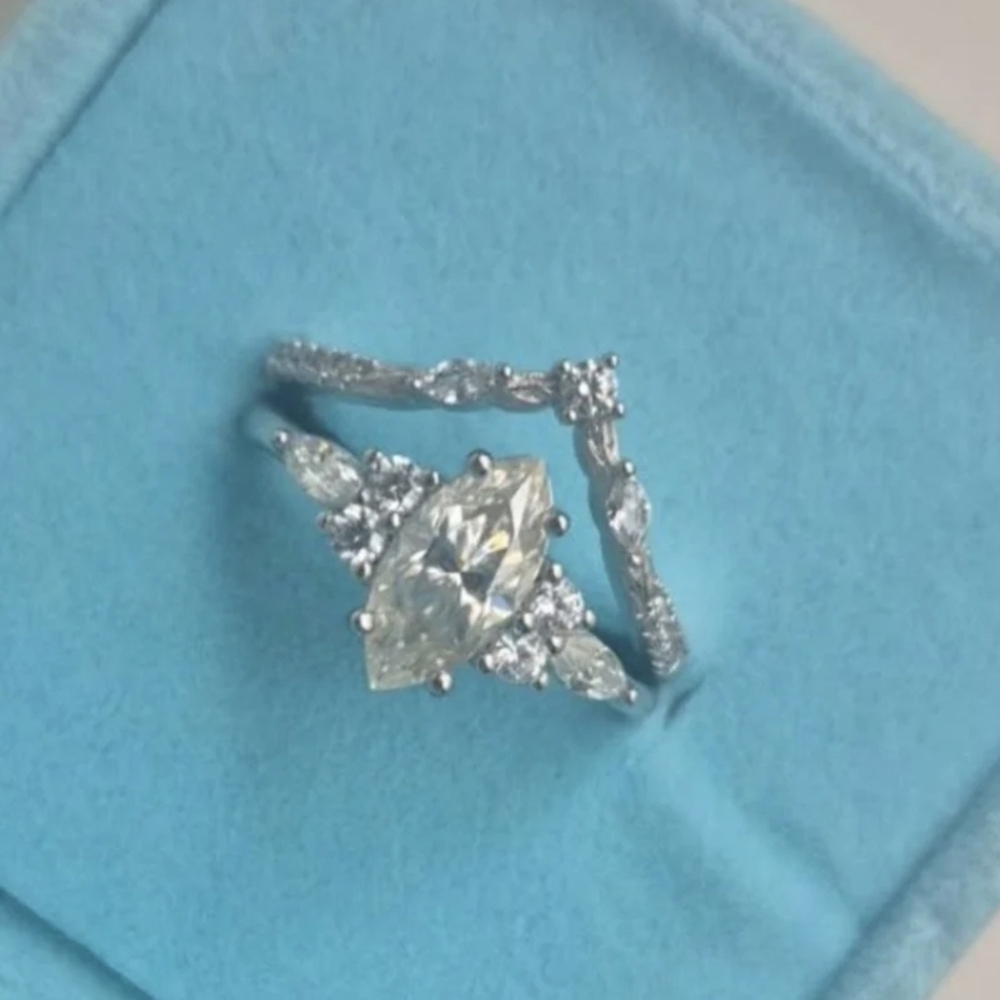 GRA CERTIFIED 3 Carat total* Marquise&Round Art Deco Bridal Ring set Size 6 US